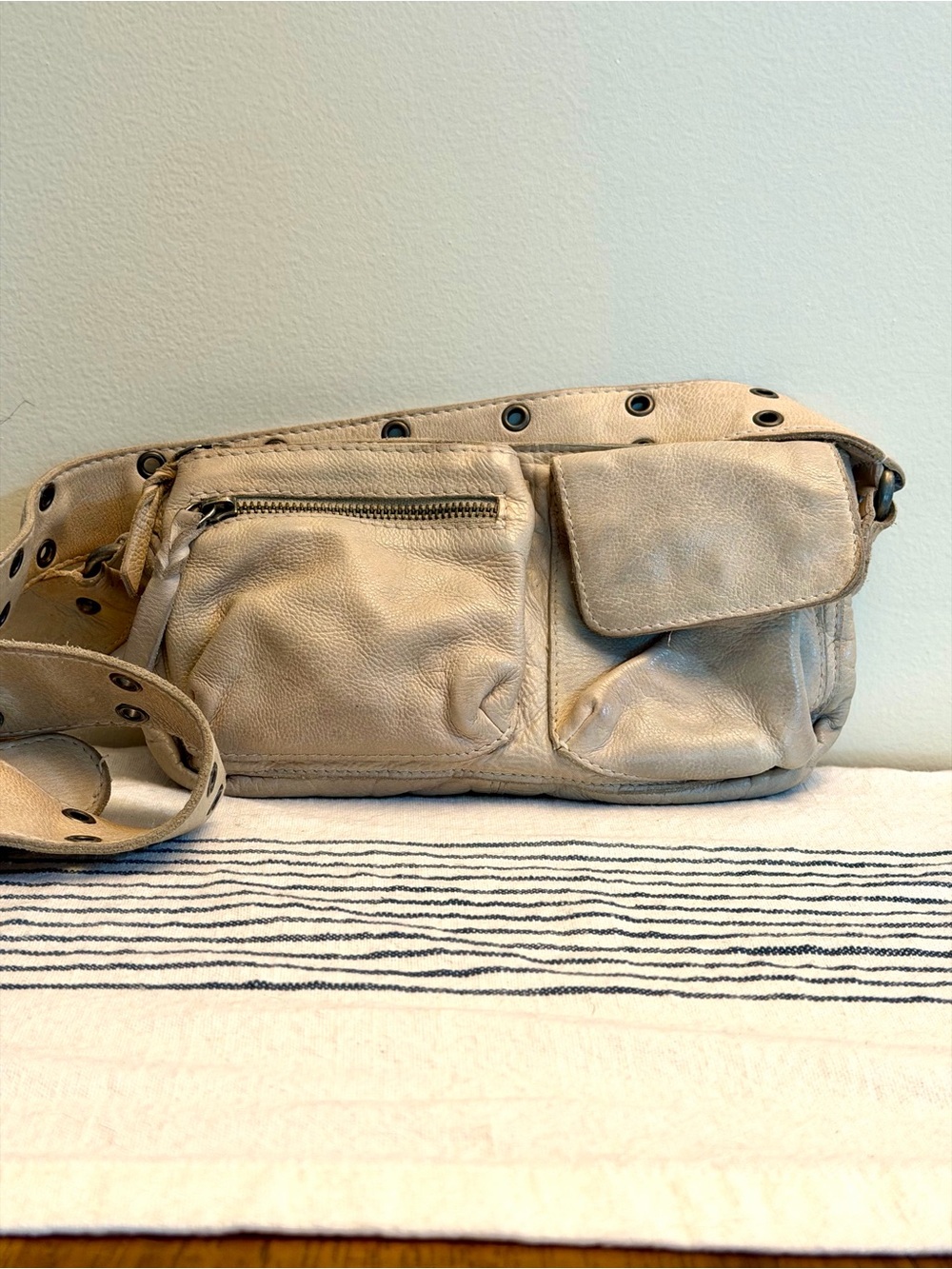 Free People Taupe Genuine Leather Crossbody Shoulder Bag Grommet Strap